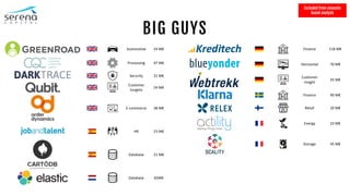 BIG GUYS
Automotive 24 M€
Processing 47 M€
Security 21 M€
Customer
Insights
24 M€
E-commerce 38 M€
HR 23 M€
Database 21 M€
Database 65M€
Finance 118 M€
Horizontal 70 M€
Customer
insight
25 M€
Finance 90 M€
Retail 20 M€
Energy 23 M€
Storage 45 M€
Excluded from amounts
based analysis
 
