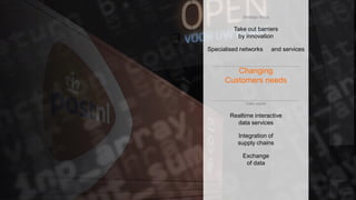 Strategic focus
Take out barriers
by innovation
Specialised networks and services
Changing
Customers needs
Data needs
Realtime interactive
data services
Integration of
supply chains
Exchange
of data
 