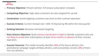 Business
Understanding
o Primary Objective: Prevent attrition  Increase subscription renewals
o Competing Objective: High...