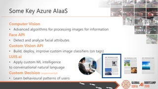 Some Key Azure AIaaS
Computer Vision
• Advanced algorithms for processing images for information
Face API
• Detect and analyze facial attributes
Custom Vision API
• Build, deploy, improve custom image classifiers (on tags)
LUIS.ai
• Apply custom ML intelligence
to conversational natural language
Custom Decision (experimental)
• Learn behavioural patterns of users
 