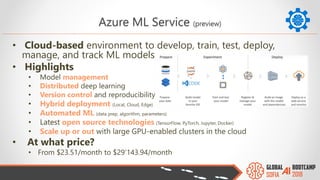 • Cloud-based environment to develop, train, test, deploy,
manage, and track ML models
• Highlights
• Model management
• Distributed deep learning
• Version control and reproducibility
• Hybrid deployment (Local, Cloud, Edge)
• Automated ML (data prep, algorithm, parameters)
• Latest open source technologies (TensorFlow, PyTorch, Jupyter, Docker)
• Scale up or out with large GPU-enabled clusters in the cloud
• At what price?
• From $23.51/month to $29’143.94/month
Azure ML Service (preview)
 