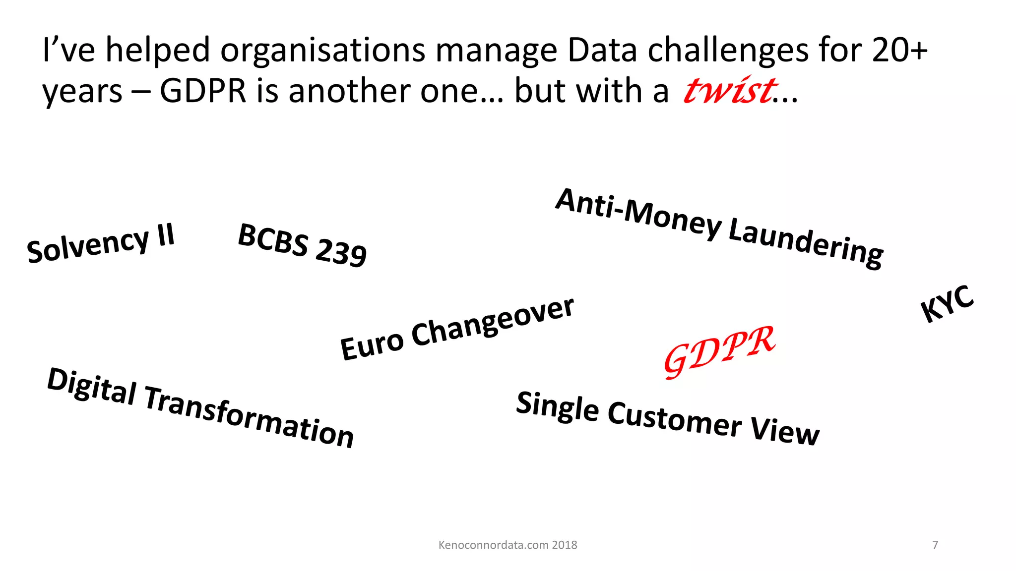 I’ve helped organisations manage Data challenges for 20+
years – GDPR is another one… but with a twist...
Kenoconnordata.com 2018 7
 