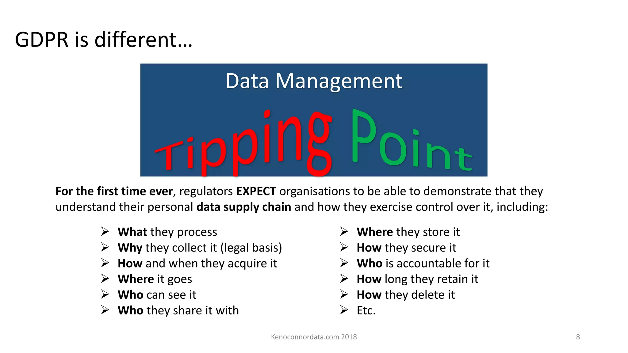 For the first time ever, regulators EXPECT organisations to be able to demonstrate that they
understand their personal data supply chain and how they exercise control over it, including:
➢ Where they store it
➢ How they secure it
➢ Who is accountable for it
➢ How long they retain it
➢ How they delete it
➢ Etc.
➢ What they process
➢ Why they collect it (legal basis)
➢ How and when they acquire it
➢ Where it goes
➢ Who can see it
➢ Who they share it with
GDPR is different…
Data Management
Kenoconnordata.com 2018 8
 