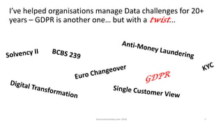 I’ve helped organisations manage Data challenges for 20+
years – GDPR is another one… but with a twist...
Kenoconnordata.com 2018 7
 