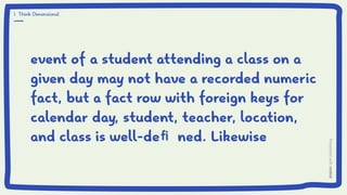 event of a student attending a class on a
given day may not have a recorded numeric
fact, but a fact row with foreign keys for
calendar day, student, teacher, location,
and class is well-deﬁ ned. Likewise
1. Think Dimensional
 