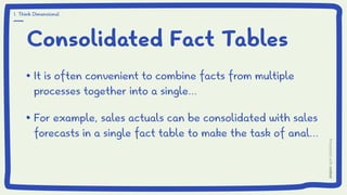 Consolidated Fact Tables
It is often convenient to combine facts from multiple
processes together into a single...
For example, sales actuals can be consolidated with sales
forecasts in a single fact table to make the task of anal...
1. Think Dimensional
 