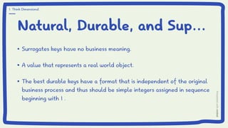 Natural, Durable, and Sup...
Surrogates keys have no business meaning.
A value that represents a real world object.
The best durable keys have a format that is independent of the original
business process and thus should be simple integers assigned in sequence
beginning with 1 .
1. Think Dimensional
 