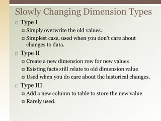 Fact TableThis is the primary table in a dimensional modelThe measurements of the dimensional model are stored hereEach measurement is tracked at the intersection of several dimensionsThis is the “grain” of the modelMost useful facts are additive