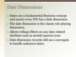 Dimension TableDescriptors of each factTend to have many attributes but fewer rowsTend to be used as query constraints.The better the attribute descriptions the better the warehouseTypically highly denormalized