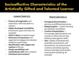 CHARACTERISTICS
 Fluency of imagination and
expression / self motivated in a
medium
 Highly developed sensibilities
(movement, space and color, for
example)
 Faith in ideas (no need to copy)
 Directness of expression and
eagerness to engage arts activities
related to a given topic
 Identification with subject and
medium of the art
 Design sensibilities and
extraordinary skill with a medium
 Individual and inventive*
TRAITS AND SKILLS
 Perceptual discrimination –
perceive and differentiate senses
 Metaperception – ‘artistic knowing’
and aesthetic sensibilities
 Creative interpretation —
increasingly sophisticated as one
reworks or refines the art (also
building metacognitive skills)
 Also: rapidity of development;
extended concentration; self-
directedness; risk aversion (even
creative); calculating capacity;
memory and detail; and random
improvisation (doodling, for
example)
 