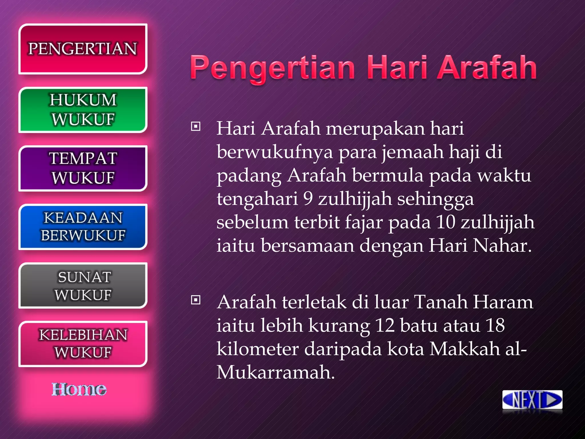 Hari Arafah merupakan hari berwukufnya para jemaah haji di padang Arafah bermula pada waktu tengahari 9 zulhijjah sehingga sebelum terbit fajar pada 10 zulhijjah iaitu bersamaan dengan Hari Nahar.  Arafah terletak di luar Tanah Haram iaitu lebih kurang 12 batu atau 18 kilometer daripada kota Makkah al-Mukarramah.  