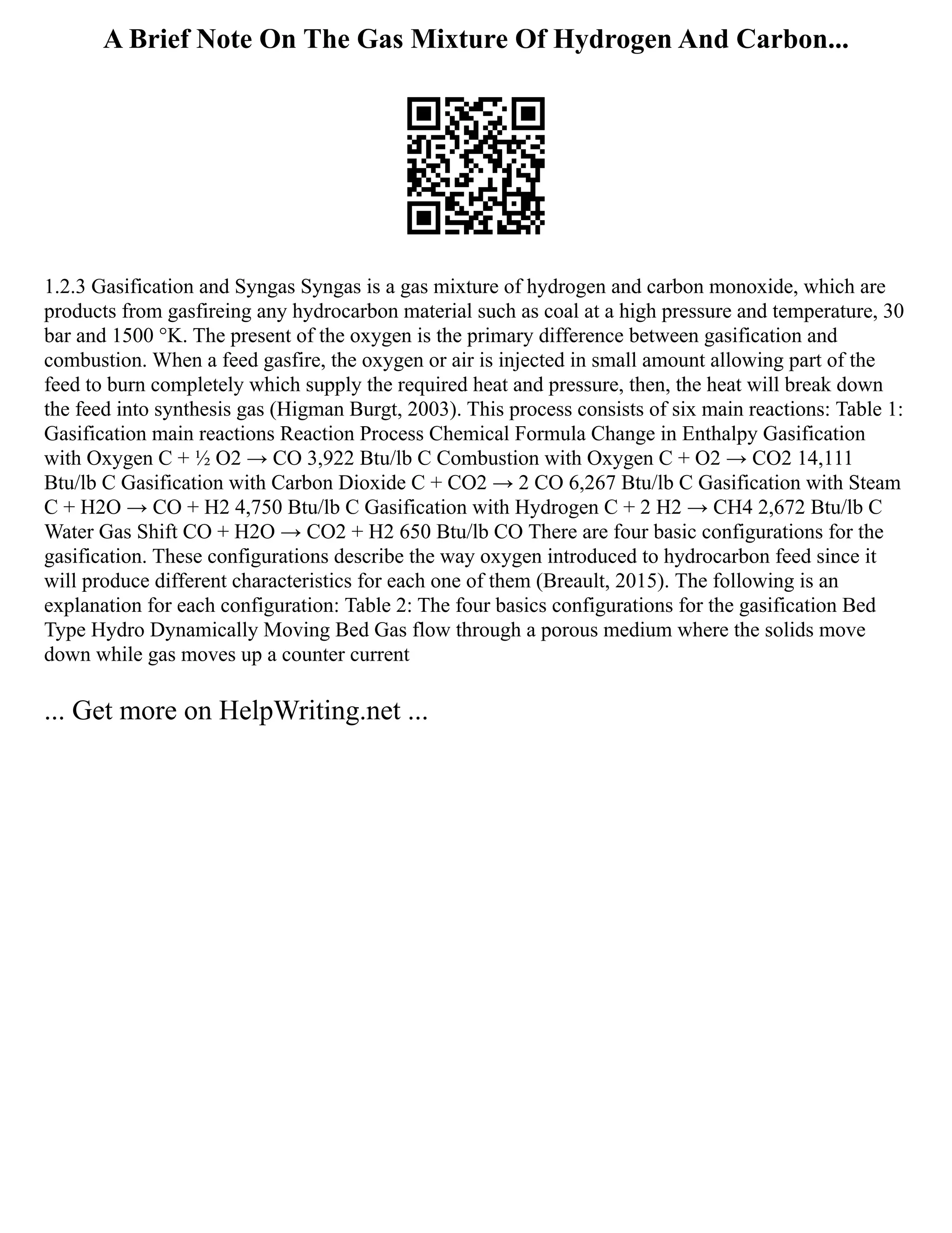 A Brief Note On The Gas Mixture Of Hydrogen And Carbon...
1.2.3 Gasification and Syngas Syngas is a gas mixture of hydrogen and carbon monoxide, which are
products from gasfireing any hydrocarbon material such as coal at a high pressure and temperature, 30
bar and 1500 °K. The present of the oxygen is the primary difference between gasification and
combustion. When a feed gasfire, the oxygen or air is injected in small amount allowing part of the
feed to burn completely which supply the required heat and pressure, then, the heat will break down
the feed into synthesis gas (Higman Burgt, 2003). This process consists of six main reactions: Table 1:
Gasification main reactions Reaction Process Chemical Formula Change in Enthalpy Gasification
with Oxygen C + ½ O2 → CO 3,922 Btu/lb C Combustion with Oxygen C + O2 → CO2 14,111
Btu/lb C Gasification with Carbon Dioxide C + CO2 → 2 CO 6,267 Btu/lb C Gasification with Steam
C + H2O → CO + H2 4,750 Btu/lb C Gasification with Hydrogen C + 2 H2 → CH4 2,672 Btu/lb C
Water Gas Shift CO + H2O → CO2 + H2 650 Btu/lb CO There are four basic configurations for the
gasification. These configurations describe the way oxygen introduced to hydrocarbon feed since it
will produce different characteristics for each one of them (Breault, 2015). The following is an
explanation for each configuration: Table 2: The four basics configurations for the gasification Bed
Type Hydro Dynamically Moving Bed Gas flow through a porous medium where the solids move
down while gas moves up a counter current
... Get more on HelpWriting.net ...
 