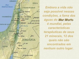 Embora a vida não seja possível nessas condições, a fama das águas do  Mar Morto   é mundial, pelas características terapêuticas de seus 21 minerais, 12 dos quais não são encontrados em nenhum outro lugar.  