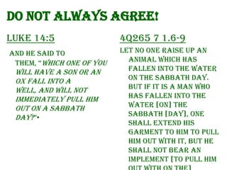 Do not always agree!
Luke 14:5
And He said to
them, “Which one of you

will have a son or an
ox fall into a
well, and will not
immediately pull him
out on a Sabbath
day?”•

4Q265 7 1.6-9
Let no one raise up an
animal which has
fallen into the water
on the Sabbath day.
But if it is a man who
has fallen into the
water [on] the
Sabbath [Day], one
shall extend his
garment to him to pull
him out with it, but he
shall not bear an
implement [to pull him

 