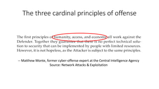 The three cardinal principles of offense
-- Matthew Monte, former cyber-offense expert at the Central Intelligence Agency
...