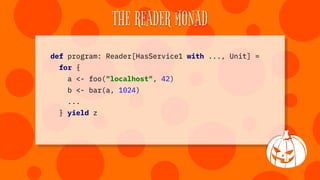 THE READER MONAD TRANSFORMER
ReaderT[IO, R, A]
 