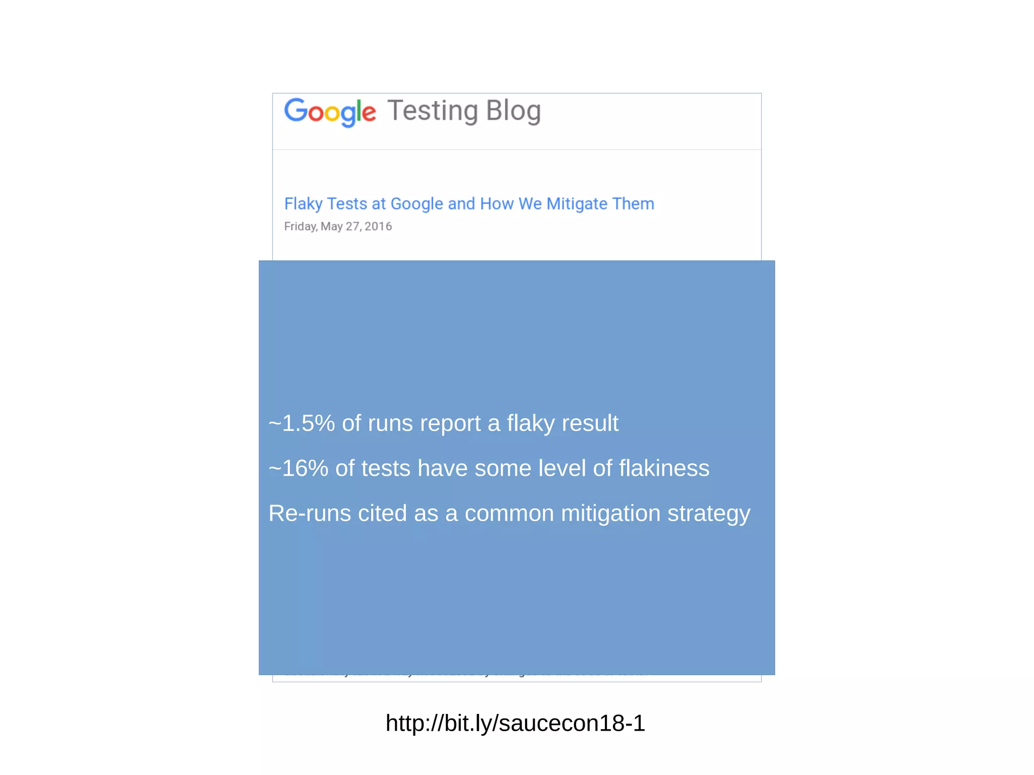http://bit.ly/saucecon18-1
~1.5% of runs report a flaky result
~16% of tests have some level of flakiness
Re-runs cited as a common mitigation strategy
 