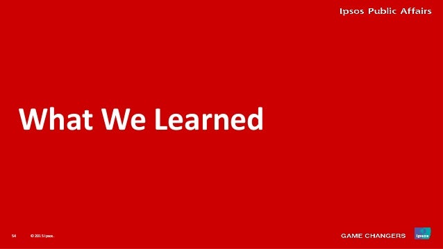 55 © 2015 Ipsos.
Lessons Learned and Next Steps
ELECTION DEBRIEF
Mixed mode methods show promise.
Ipsos will continue to e...