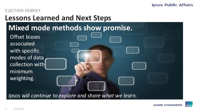 56 © 2015 Ipsos.
Lessons Learned and Next Steps
ELECTION DEBRIEF
Online and offline methods consistently under and over-es...