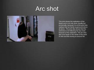 Arc shot
This shot shows the realization of the
Sarah and is not only done visually but
emotionally, because it is at this point she
realizes that her family is gone and she is
all alone. This shot also shows that the
darkness is not following her any more
because of this realization. The arc shot
also puts Sarah in the center of the point
of view and life moving on around her.
 