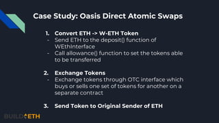Case Study: Oasis Direct Atomic Swaps
1. Convert ETH -> W-ETH Token
- Send ETH to the deposit() function of
WEthInterface
- Call allowance() function to set the tokens able
to be transferred
2. Exchange Tokens
- Exchange tokens through OTC interface which
buys or sells one set of tokens for another on a
separate contract
3. Send Token to Original Sender of ETH
 