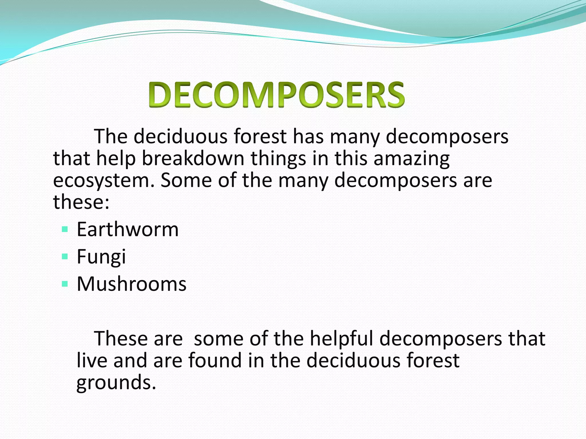 The deciduous forest has many decomposers
that help breakdown things in this amazing
ecosystem. Some of the many decomposers are
these:
  Earthworm
  Fungi
  Mushrooms

     These are some of the helpful decomposers that
  live and are found in the deciduous forest
  grounds.
 