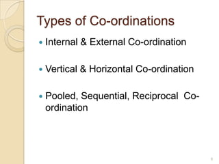 Types of Co-ordinations
 Internal & External Co-ordination
 Vertical & Horizontal Co-ordination
 Pooled, Sequential, Reciprocal Co-
ordination
9
 