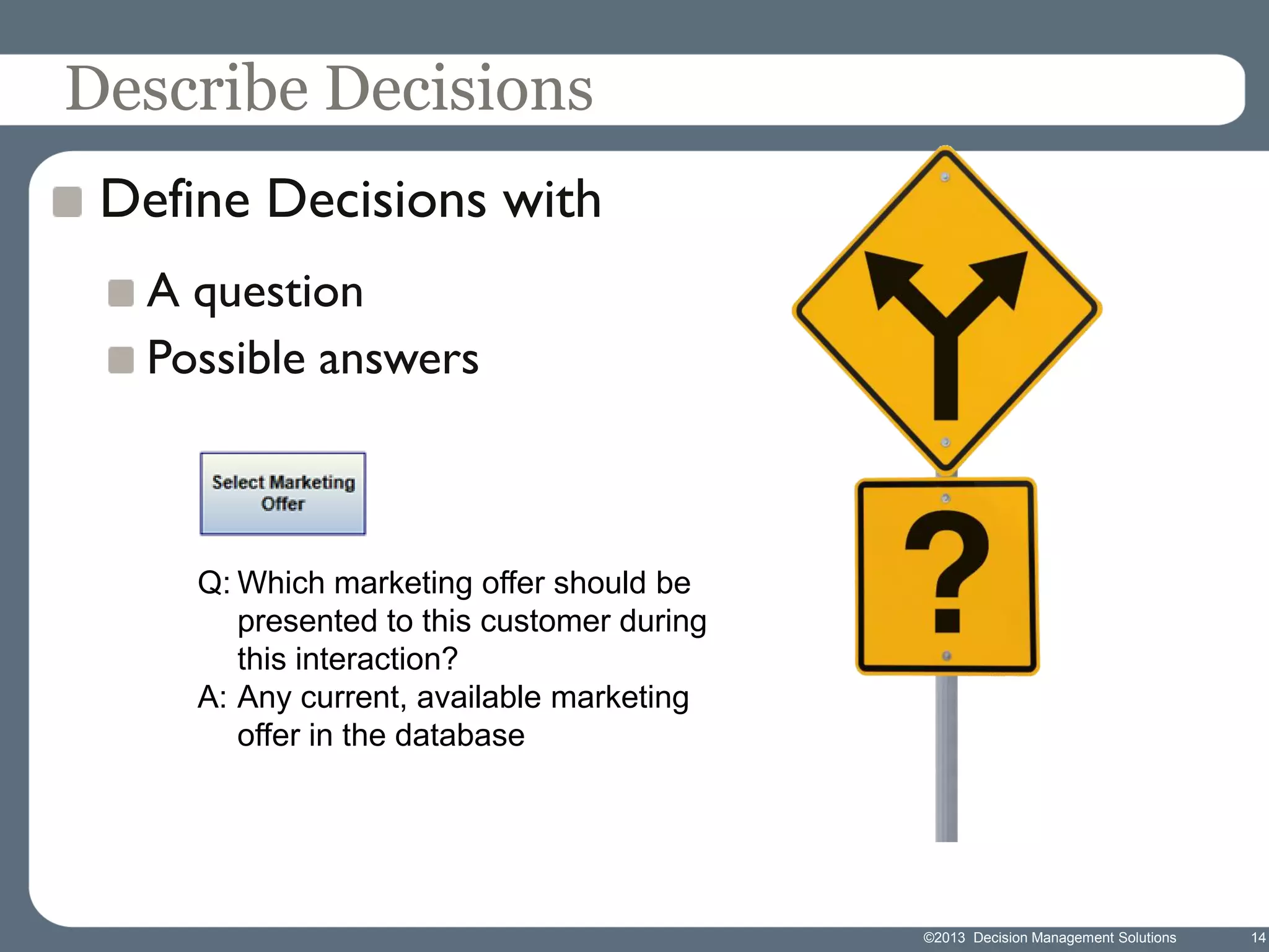 Describe Decisions
Define Decisions with
A question
Possible answers

Q: Which marketing offer should be
presented to this customer during
this interaction?
A: Any current, available marketing
offer in the database

©2013 Decision Management Solutions

14

 