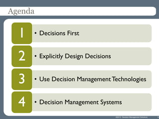 Agenda

1

• Decisions First

2

• Explicitly Design Decisions

3

• Use Decision Management Technologies

4

• Decision M...