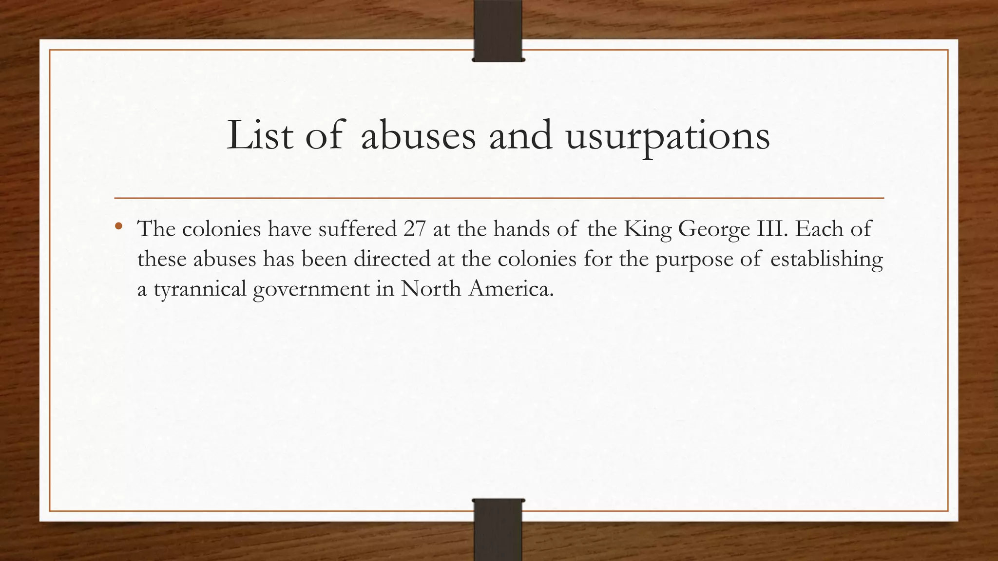 list of the 27 grievances of the declaration of independence