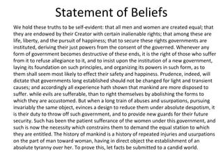 Statement of Beliefs
We hold these truths to be self-evident: that all men and women are created equal; that
they are endowed by their Creator with certain inalienable rights; that among these are
life, liberty, and the pursuit of happiness; that to secure these rights governments are
instituted, deriving their just powers from the consent of the governed. Whenever any
form of government becomes destructive of these ends, it is the right of those who suffer
from it to refuse allegiance to it, and to insist upon the institution of a new government,
laying its foundation on such principles, and organizing its powers in such form, as to
them shall seem most likely to effect their safety and happiness. Prudence, indeed, will
dictate that governments long established should not be changed for light and transient
causes; and accordingly all experience hath shown that mankind are more disposed to
suffer. while evils are sufferable, than to right themselves by abolishing the forms to
which they are accustomed. But when a long train of abuses and usurpations, pursuing
invariably the same object, evinces a design to reduce them under absolute despotism, it
is their duty to throw off such government, and to provide new guards for their future
security. Such has been the patient sufferance of the women under this government, and
such is now the necessity which constrains them to demand the equal station to which
they are entitled. The history of mankind is a history of repeated injuries and usurpations
on the part of man toward woman, having in direct object the establishment of an
absolute tyranny over her. To prove this, let facts be submitted to a candid world.
 