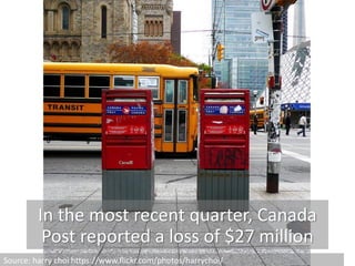 In the most recent quarter, Canada
Post reported a loss of $27 million
Source: harry choi https://www.flickr.com/photos/harrychoi/
 