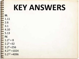 KEY ANSWERS
III.
1.11
2.6
3.1
4.10
5.13
IV.
1.23 = 8
2.25 =32
3.28 =256
4.210 =1024
5.212 =4096
 