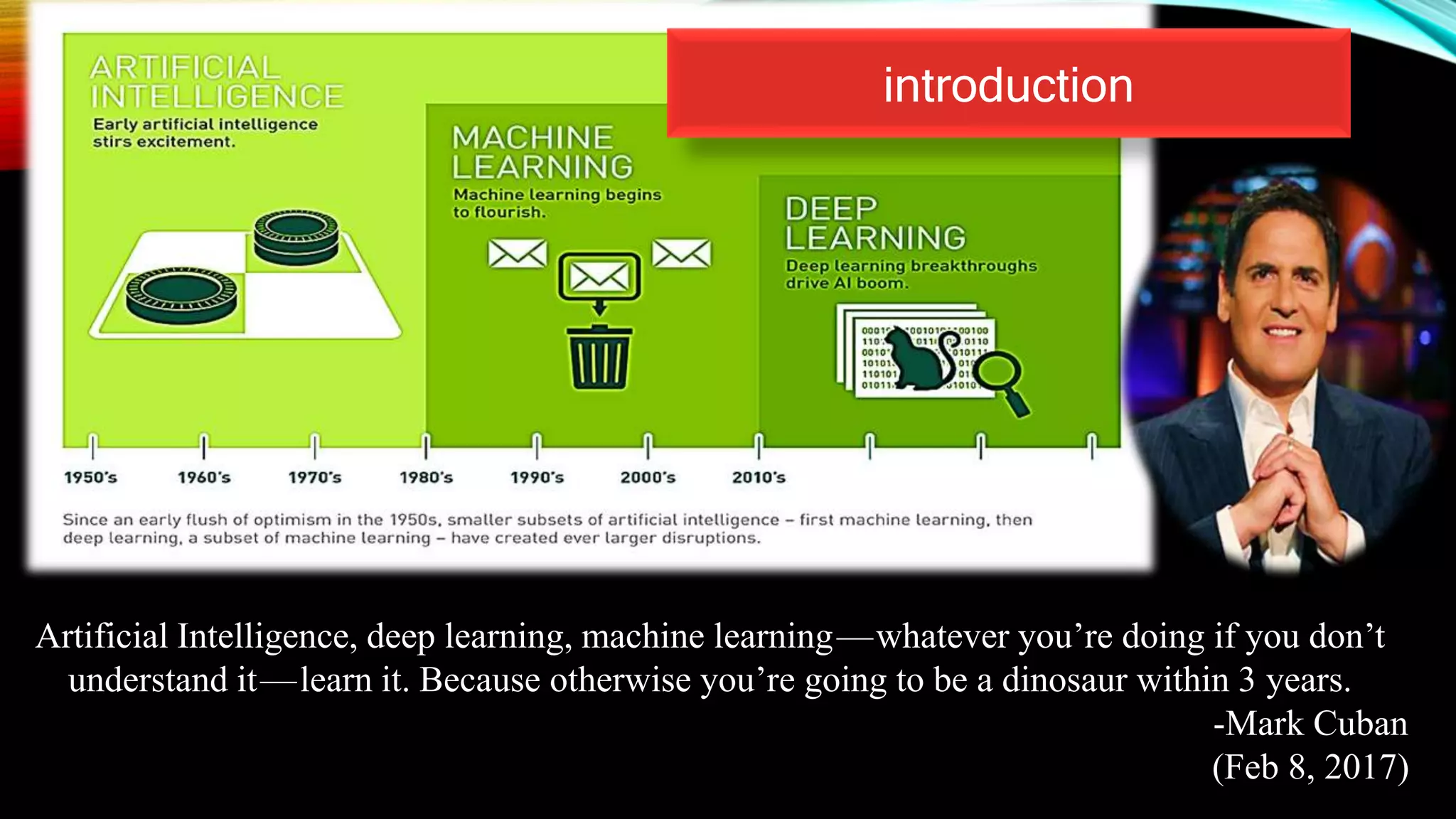 introduction
Artificial Intelligence, deep learning, machine learning — whatever you’re doing if you don’t
understand it — learn it. Because otherwise you’re going to be a dinosaur within 3 years.
-Mark Cuban
(Feb 8, 2017)
 
