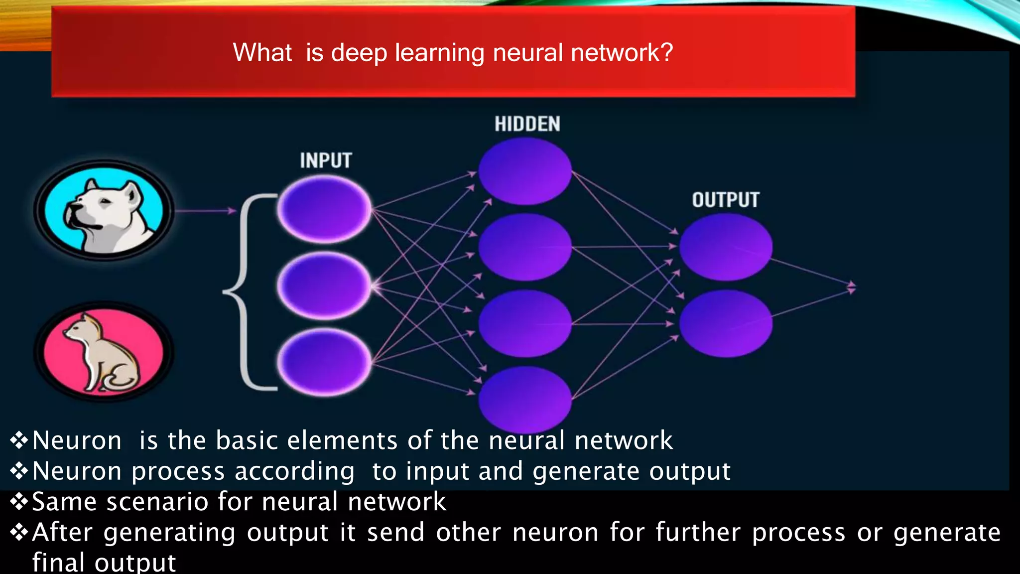 What is deep learning neural network?
Neuron is the basic elements of the neural network
Neuron process according to input and generate output
Same scenario for neural network
After generating output it send other neuron for further process or generate
final output
 