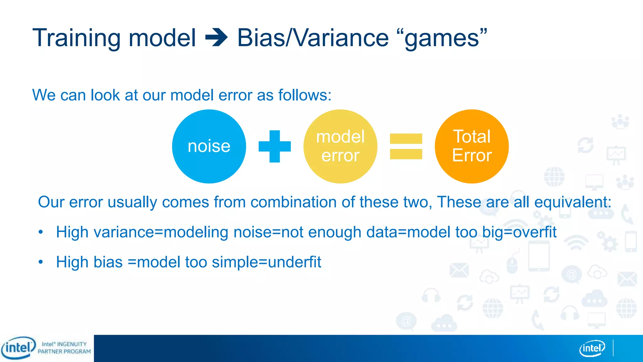 Training model  Bias/Variance “games”
We can look at our model error as follows:
noise
model
error
Total
Error
Our error usually comes from combination of these two, These are all equivalent:
• High variance=modeling noise=not enough data=model too big=overfit
• High bias =model too simple=underfit
 