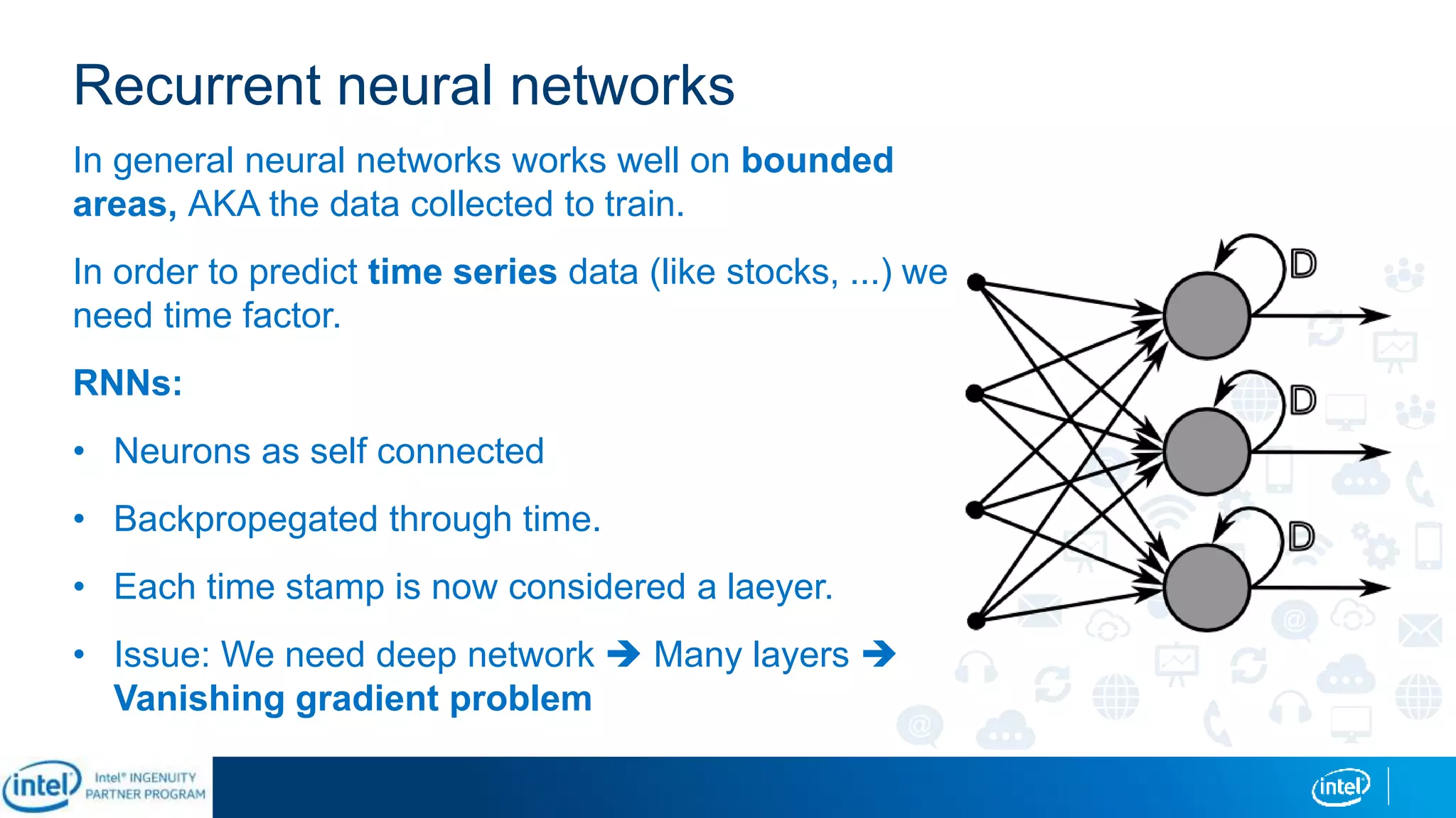 Recurrent neural networks
In general neural networks works well on bounded
areas, AKA the data collected to train.
In order to predict time series data (like stocks, ...) we
need time factor.
RNNs:
• Neurons as self connected
• Backpropegated through time.
• Each time stamp is now considered a laeyer.
• Issue: We need deep network  Many layers 
Vanishing gradient problem
 
