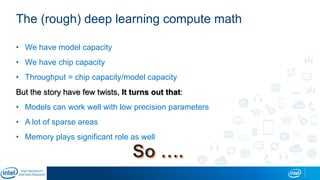 The (rough) deep learning compute math
• We have model capacity
• We have chip capacity
• Throughput = chip capacity/model capacity
But the story have few twists, It turns out that:
• Models can work well with low precision parameters
• A lot of sparse areas
• Memory plays significant role as well
 