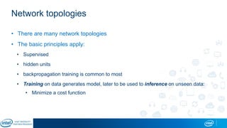 Network topologies
• There are many network topologies
• The basic principles apply:
• Supervised
• hidden units
• backpropagation training is common to most
• Training on data generates model, later to be used to inference on unseen data:
• Minimize a cost function
 