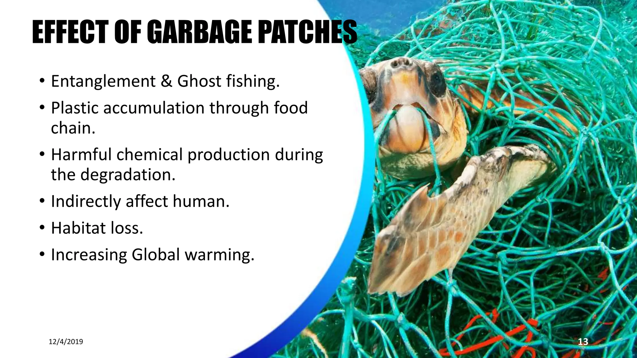 EFFECT OF GARBAGE PATCHES
• Entanglement & Ghost fishing.
• Plastic accumulation through food
chain.
• Harmful chemical production during
the degradation.
• Indirectly affect human.
• Habitat loss.
• Increasing Global warming.
12/4/2019 13
 