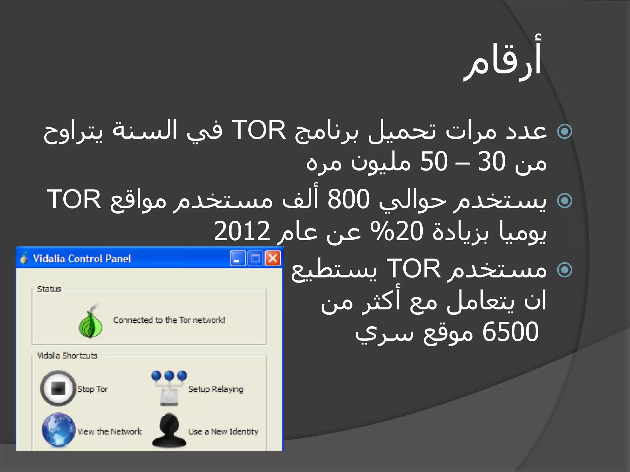 أرقام 
 عدد مرات تحميل برنامج TOR في السنة يتراوح 
من 30 – 50 مليون مره 
 يستخدم حوالي 800 ألف مستخدم مواقع TOR 
يوميا بزيادة 20 % عن عام 2012 
 مستخدم TOR يستطيع 
ان يتعامل مع أكثر من 
6500 موقع سري 
 