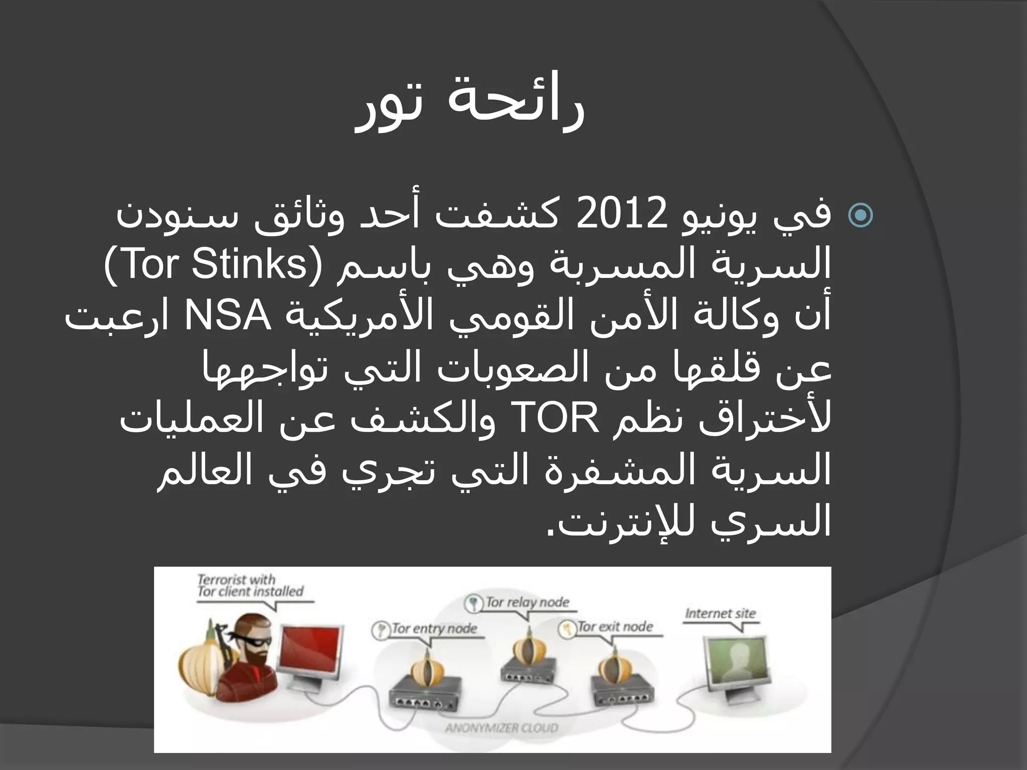 رائحة تور 
 في يونيو 2012 كشفت أحد وثائق سنودن 
السرية المسربة وهي باسم ) Tor Stinks ) 
أن وكالة الأمن القومي الأمريكية NSA ارعبت 
عن قلقها من الصعوبات التي تواجهها 
لأختراق نظم TOR والكشف عن العمليات 
السرية المشفرة التي تجري في العالم 
السري للإنترنت. 
 