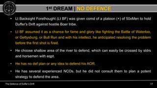 The Defence of Duffer’s Drift 17
• Lt Backsight Forethought (Lt BF) was given comd of a platoon (+) of 50xMen to hold
Duff...