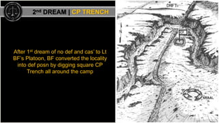 After 1st dream of no def and cas’ to Lt
BF’s Platoon, BF converted the locality
into def posn by digging square CP
Trench...