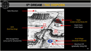 44
5th DREAM | TAC DISPOSN
Kopje
Inciden-tamba Rocky Hill
Kraal Village
(Stockade Protected)
Waschout Hill
(gradually risi...