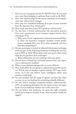 110 The Defender’s Dilemma: Charting a Course Toward Cybersecurity
7.	 How are you managing security for BYOD? How do you keep
your users from bringing in malware from e-mail or the Web?
8.	 Does your cloud strategy (if one exists) contribute to (or compli-
cate) your cybersecurity strategy?
9.	 Have you ever considered isolating all or part of your network
from the Internet? If so, which parts?
10.	 How much time does your CEO spend on cybersecurity?
11.	 Do you have a formal cybersecurity risk assessment process?
Does your organization carry insurance against threats from
cyberspace? If so:
a.	What part of your organization evaluates/recommends/buys
it? Does the insurance company mandate certain perfor-
mance standards from you? If so, what standards, and how
have they helped/hurt?
12.	 Do you participate in formal or informal information exchanges
with any part of the federal government including but not lim-
ited to DHS or NSA? What about with your peers? How much
value do you get from these exchanges?
a.	What information do you exchange with your peers?
13.	 Do you have a formal loss estimation process after you experi-
ence a cybersecurity incident?
14.	 What is your definition/perspective on active defense?
15.	 How much effort do you spend to understand particular attack-
ers? Which class of attackers (cybercriminals, APT-type, hack-
tivists, etc.)? Do you believe better intelligence about such
attackers could help?
16.	 Are you satisfied with the range of options you have for cyber-
security, or are you looking for something radically different?
17.	 Do you believe attackers (malicious hackers, cybercriminals,
APT) are outpacing defenders? Do you expect to have the upper
hand vis-à-vis malicious hackers two to five years out?
18.	 Do you believe that businesses are given the right economic
incentives to improve security? If not, what incentives would you
suggest?
 