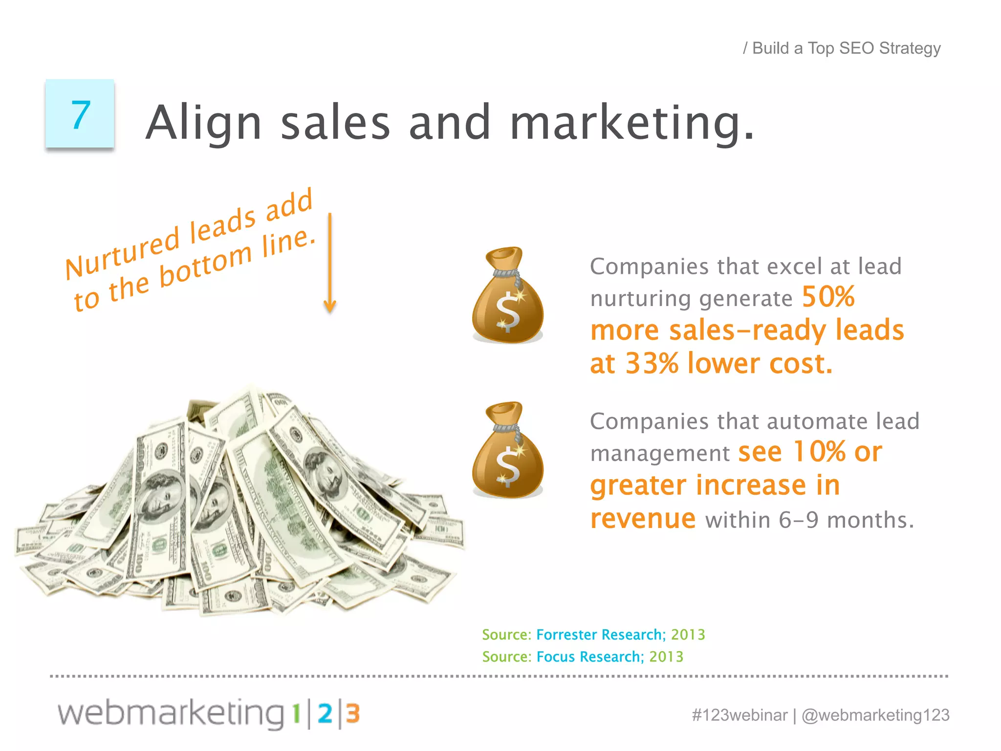 Align sales 7 and marketing. 
Companies that excel at lead 
nurturing generate 50% 
more sales-ready leads 
at 33% lower cost. 
Companies that automate lead 
management see 10% or 
greater increase in 
revenue within 6-9 months. 
Source: Forrester Research; 2013 
Source: Focus Research; 2013 
#123webinar | @webmarketing123 
Nurtured leads add 
to the bottom line. 
/ Build a Top SEO Strategy 
 