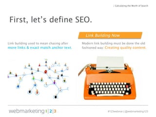 / Calculating the Worth of Search 
Link Building Now 
#123webinar | @webmarketing123 
First, let’s define SEO. 
Link building used to mean chasing after 
more links & exact match anchor text. 
Modern link building must be done the old 
fashioned way: Creating quality content. 
 