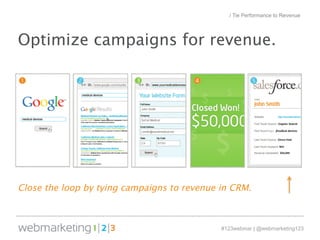/ Tie Performance to Revenue 
Optimize campaigns for revenue. 
Close the loop by tying campaigns to revenue in CRM. 
#123webinar | @webmarketing123 
 