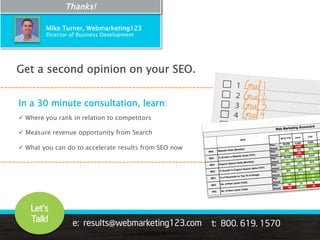 Mike Turner, Webmarketing123 
Director of Business Development 
e: results@webmarketing123.com t: 800. 619. 1570 
#123webinar | @webmarketing123 
Let’s 
Talk! 
Thanks! 
Get a second opinion on your SEO. 
In a 30 minute consultation, learn: 
ü Where you rank in relation to competitors 
ü Measure revenue opportunity from Search 
ü What you can do to accelerate results from SEO now 
